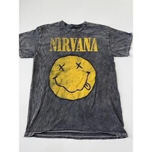 Nirvana Smiley Face Graphic T-Shirt Gray Acid Wash Mens Medium